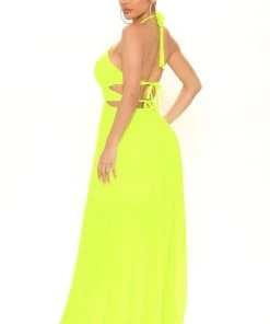 Mysite Kenz Halter Maxi Dress - Neon Yellow