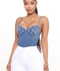 Fashion Nova Kehlani Rhinestone Denim Bodysuit - Medium Wash Teddies & Babydolls