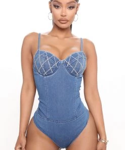 Fashion Nova Kehlani Rhinestone Denim Bodysuit - Medium Wash Teddies & Babydolls