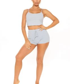 Fashion Nova Cozy All Sunday Ribbed PJ Short Set - Heathered Blue