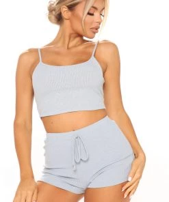 Fashion Nova Cozy All Sunday Ribbed PJ Short Set - Heathered Blue