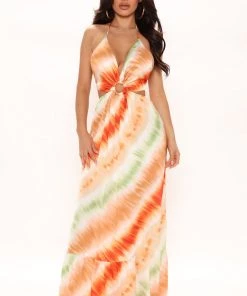 Mysite Delaney Satin Maxi Dress - Orange/combo