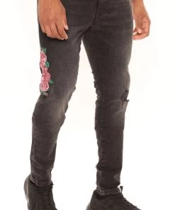 Mysite New Today Rose Embroidered Ripped Knee Skinny Jeans - Black Wash