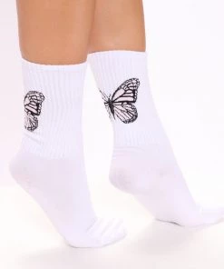 FashionNob Teddies & Babydolls Butterfly Chaser Crew Socks - White/Pink