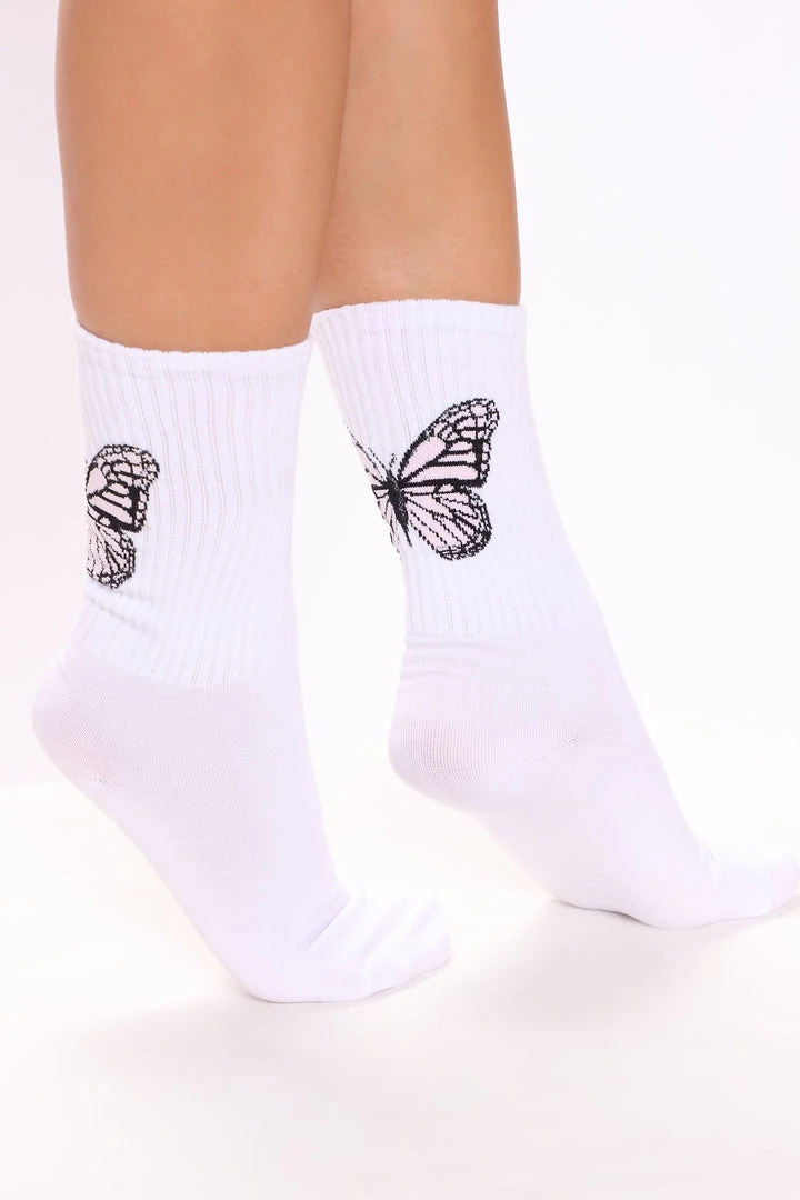 FashionNob Teddies & Babydolls Butterfly Chaser Crew Socks - White/Pink 1 FashionNob Teddies & Babydolls Butterfly Chaser Crew Socks - White/Pink
