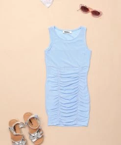 Fashion Nob Mini Sweet Attitude Ruched Mesh Dress - Blue Influencer Looks