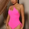 Mysite New Today Vacation Swim Ribbed One Piece Swimsuit - Hot Pink