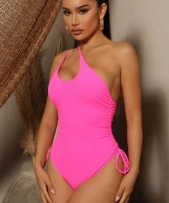 Mysite New Today Vacation Swim Ribbed One Piece Swimsuit - Hot Pink