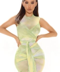 Mysite Fierce Mesh Mini Dress - Lime Club