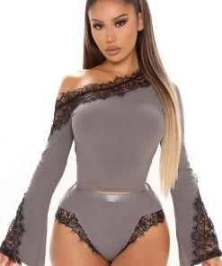 Fashion Nova Flirty Cuddles Ribbed Lace PJ Short Set - Grey/Black Sleepwear & Robes