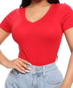 Mysite Jess V Neck Short Sleeve Top - Red New Today