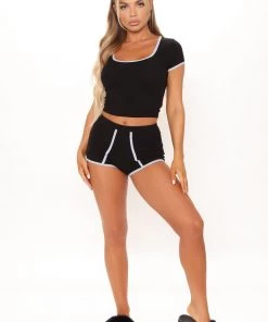 Fashion Nova Comfy Cozy PJ Short Set - Black/Grey Sleepwear & Robes