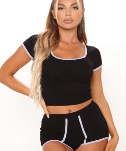 Fashion Nova Comfy Cozy PJ Short Set - Black/Grey Sleepwear & Robes