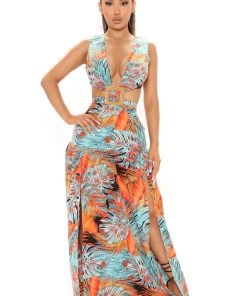 Mysite New Today Brunch In The Tropics Maxi Dress - Teal/combo