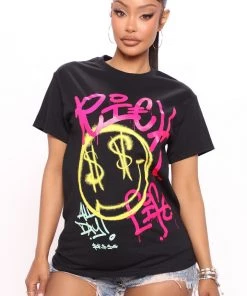 Mysite New Today Rich Life Smiley Face Tee - Black