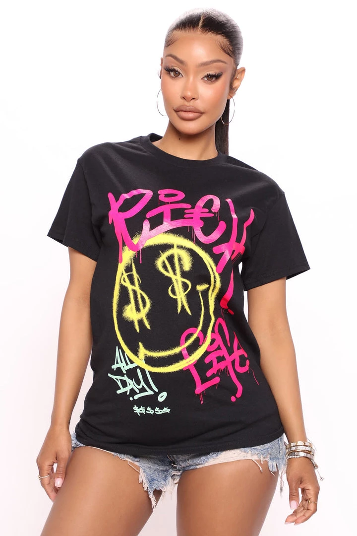 Mysite New Today Rich Life Smiley Face Tee - Black 1 Mysite New Today Rich Life Smiley Face Tee - Black