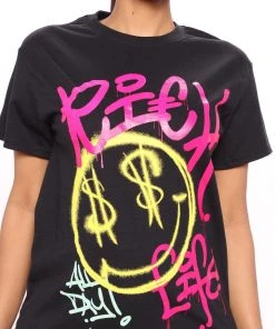 Mysite New Today Rich Life Smiley Face Tee - Black
