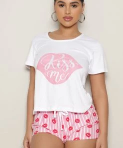 Fashion Nova Kiss Me PJ Short Set - White/combo