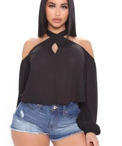 Fashion Nova Twist My Words Cold Shoulder Top - Black Teddies & Babydolls