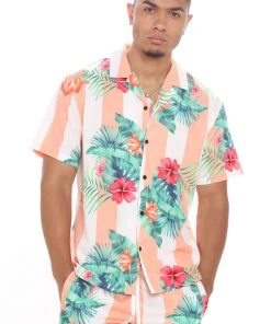 Mysite New Today Wild Tropical Stripes Short Sleeve Woven Top - Peach/combo