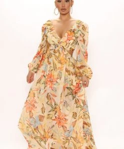 Mysite New Today Ready For Hawaii Maxi Dress - Yellow/combo