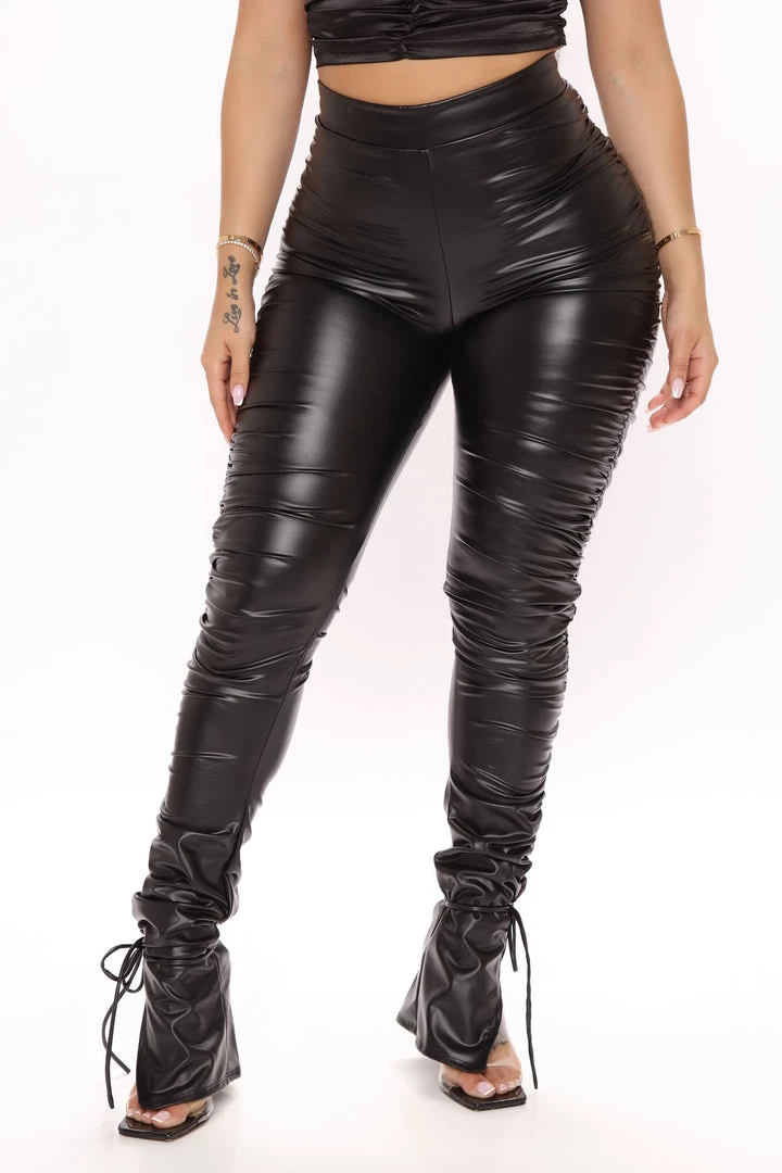 Fashion Nova Heat Wave Faux Leather Stacked Pants - Black Teddies & Babydolls