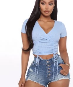 Fashion Nova Teddies & Babydolls Ruched And Stunning Short Sleeve Top - Blue