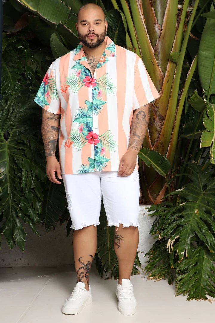 Mysite New Today Wild Tropical Stripes Short Sleeve Woven Top - Peach/combo