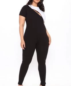 Mysite Teddies & Babydolls Built In Comfort Color Block Jumpsuit - Black/White 11 Mysite Teddies & Babydolls Built In Comfort Color Block Jumpsuit - Black/White