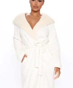 FashionNob Breakfast In Bed Hoodie Plush Robe - White