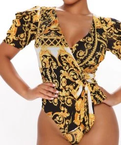 Fashion Nova Teddies & Babydolls I Don't Speak Broke Surplice Bodysuit - White/Black