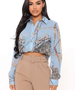 Fashion Nova Make It Worth My Time Crop Shirt - Blue/combo Office Babe