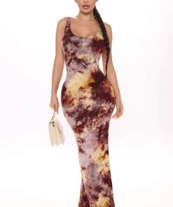 Mysite NEW IN Don't Let Her Go Tie Dye Dress - Brown