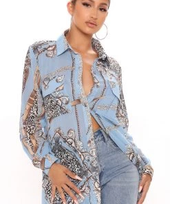 Fashion Nova Trust Is A Virtue Baroque Maxi Shirt - Blue/combo New Today