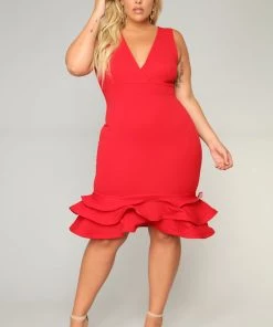 Fashion Nova Wedding Guest Dates With Babe Ruffle Dress - Red