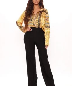 Fashion Nova Luxe Choice Satin Shirt - Yellow/combo Office Babe