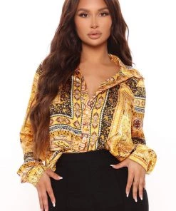 Fashion Nova Luxe Choice Satin Shirt - Yellow/combo Office Babe