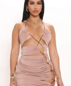 Fashion Nova Penthouse Suite Lace Up Mini Dress - Mocha