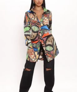 Fashion Nova Out Of My Mind Oversized Satin Shirt - Blue/combo Teddies & Babydolls