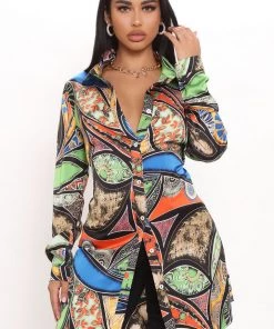 Fashion Nova Out Of My Mind Oversized Satin Shirt - Blue/combo Teddies & Babydolls