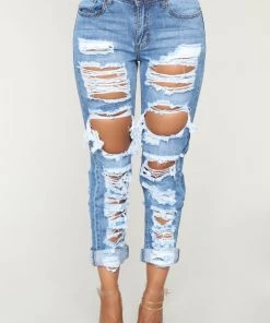 Fashion Nova No Sensor Distressed Denim Jeans - Medium Blue Wash New Today