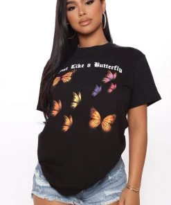 Fashion Nova Teddies & Babydolls Float Like A Butterfly Tee - Black
