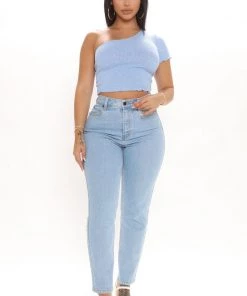 Mysite New Today Mall Crawler One Shoulder Crop Top - Light Blue