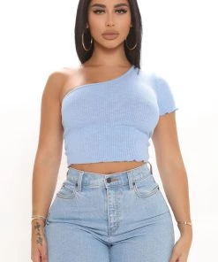 Mysite New Today Mall Crawler One Shoulder Crop Top - Light Blue