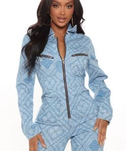 FashionNob Teddies & Babydolls Bandana Babe Denim Jumpsuit - Blue Wash