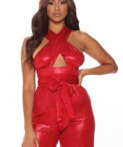 Fashion Nova Glitter And Glamour Jumpsuit - Red