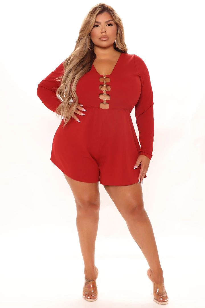 Fashion Nova Taylor Long Sleeve Ring Romper - Red