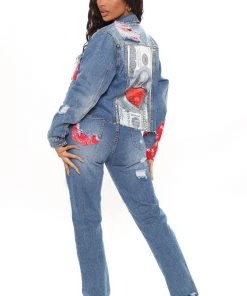 Fashion Nob Teddies & Babydolls Nothing But Trouble Bandana Print Denim Jacket - Medium Blue Wash