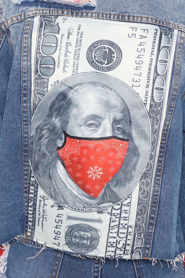 Fashion Nob Teddies & Babydolls Nothing But Trouble Bandana Print Denim Jacket - Medium Blue Wash