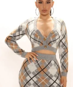 Fashion Nova Stevie Argyle Sweater Skirt Set - Grey/combo New Today